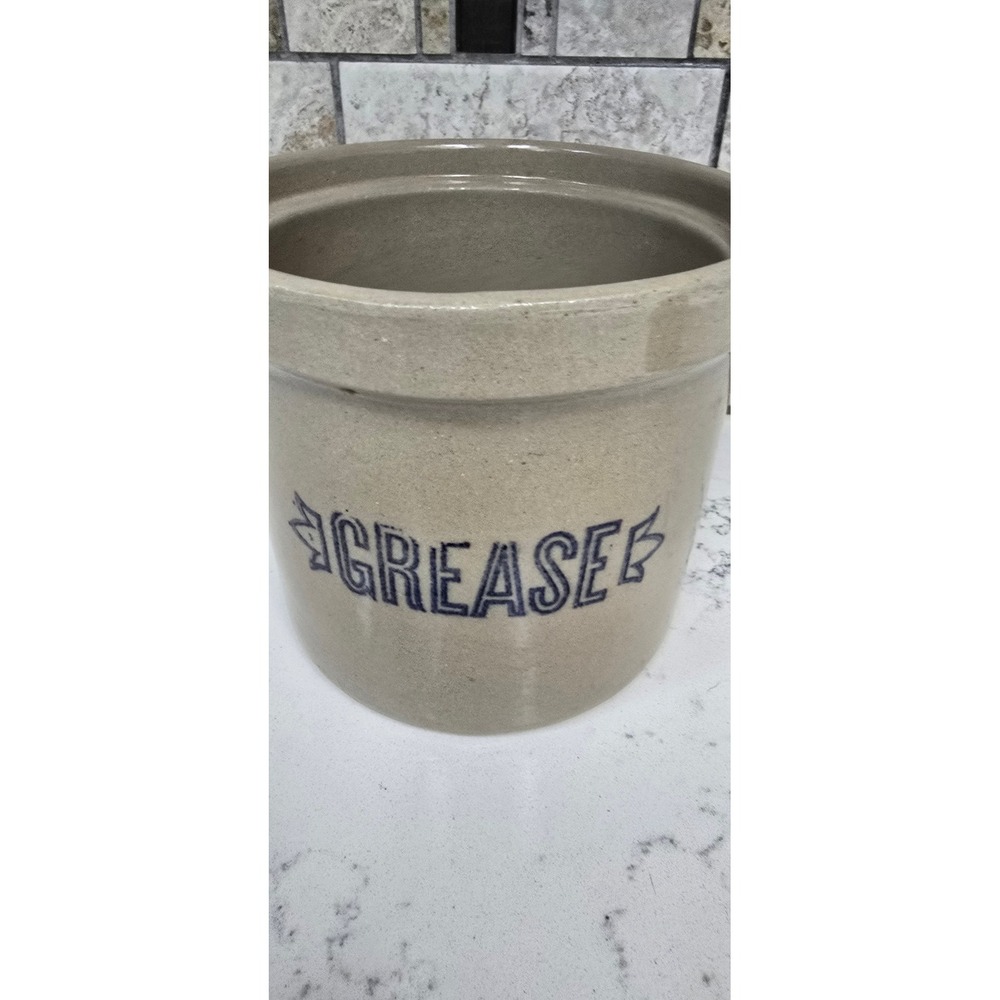 Vintage Stoneware Grease Crock Blue Cobalt Lettering Farmhouse Ceramic Jar 6 in